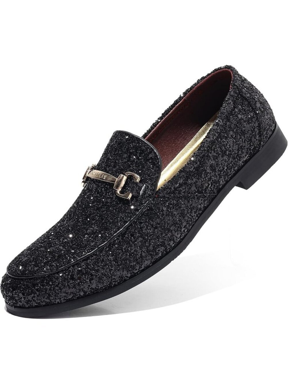 🆕Men's Black Rubber Sole Glitter Sequins Loafer Tuxedo Gold Buckle Luxury Shoes